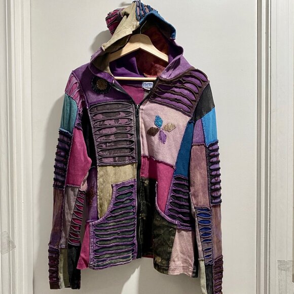 Hippie Rave Grunge Whimsigoth Punk Patchwork Quilt Cotton Tie Die Hoodie L - Picture 1 of 9